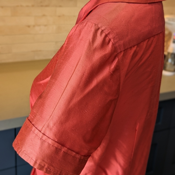 Teri Jon Silk Shirtdress in Coral Red with Onyx Buttons - Picture 6 of 11